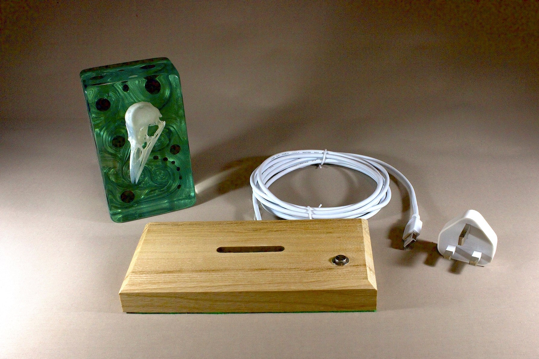Bird skull in resin. Illuminated against a rich violet background. On a timber base