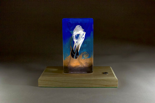 Bird skull in resin against a turbulent blue background with a timber base