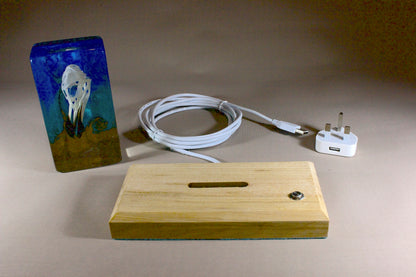 Bird skull in resin against a turbulent blue background with a timber base