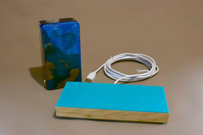 Bird skull in resin against a turbulent blue background with a timber base